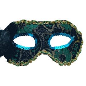 🎭TEAL/BLACK MASQUERADE HALLOWEEN MASK WITH SEQUINS, LACE, FABRIC ROSE & FEATHER